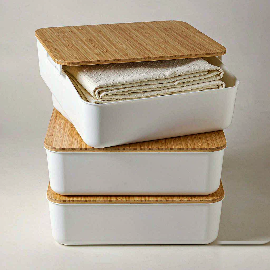 Stackable lidded storage boxes
