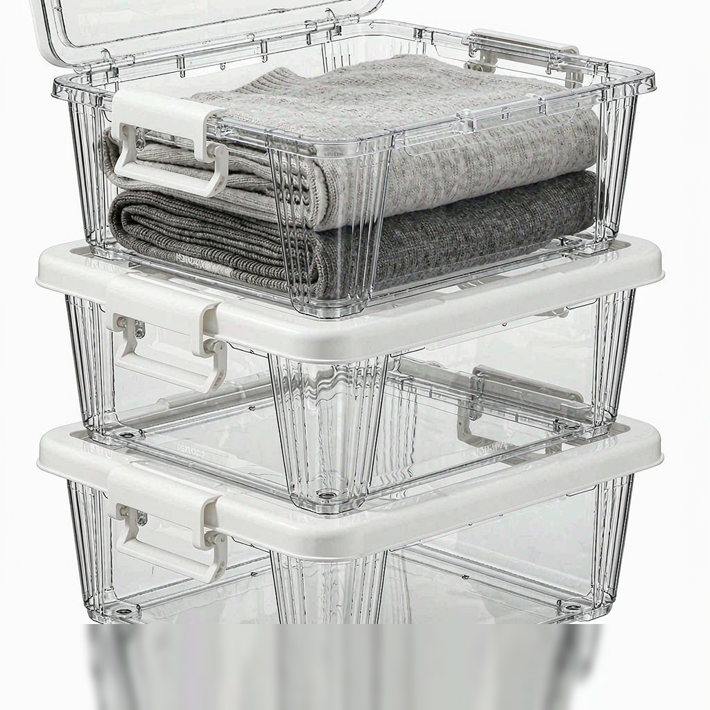Clear stackable plastic storage bins